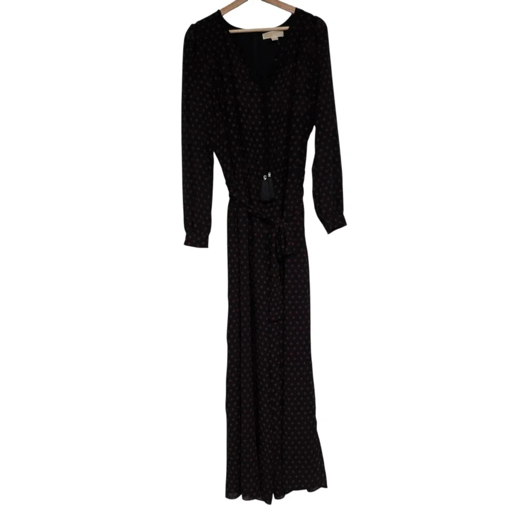 Michael Michael Kors Jumpsuit XL Black Red Polka Dot Long Sleeve Belted Crepe